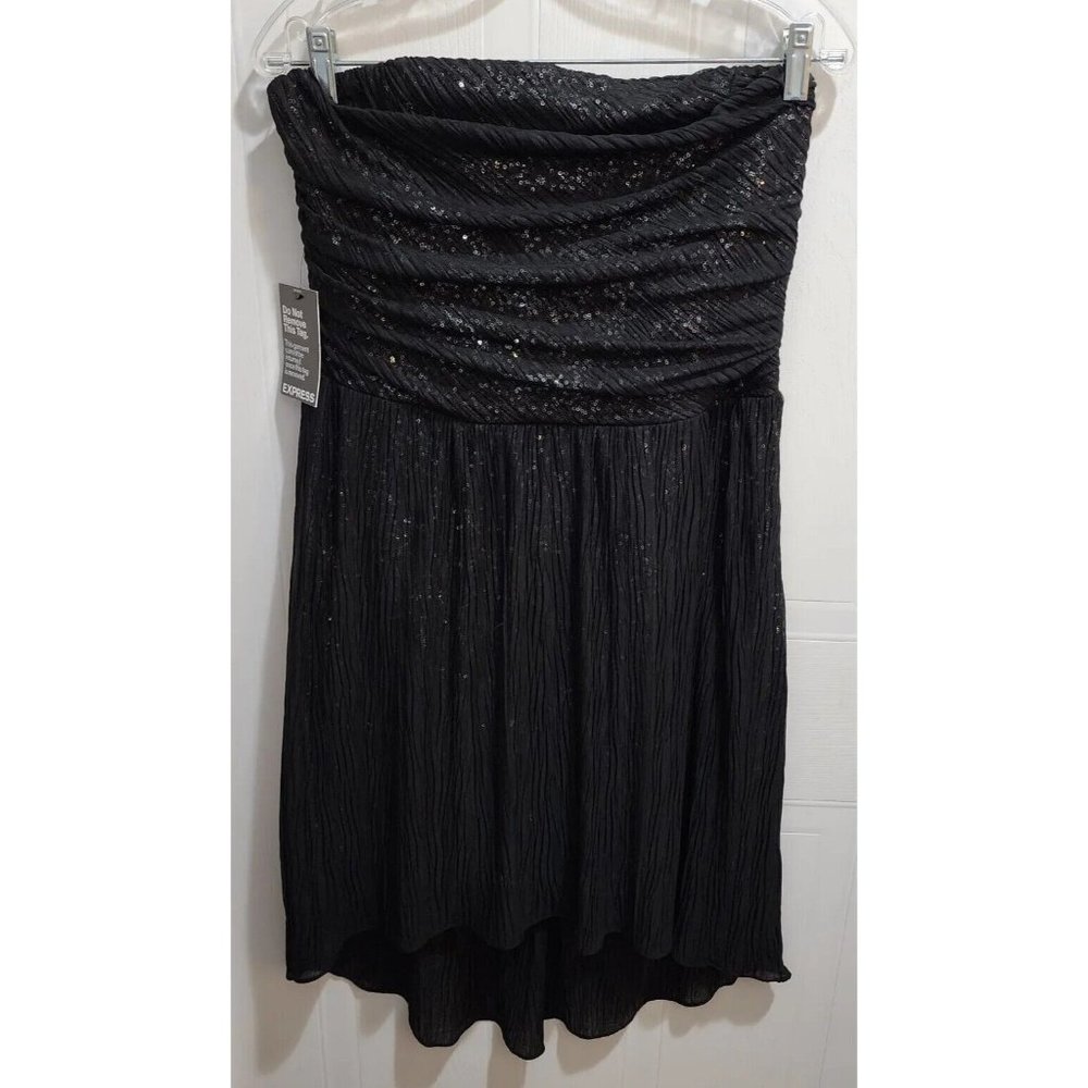 NEW Express Women's Strapless Dress Silver Sequins/Black Crinkle Overlay Size 12